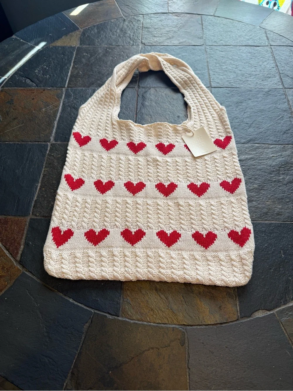 Cream Knit Hobo Bag with Red Heart Pattern